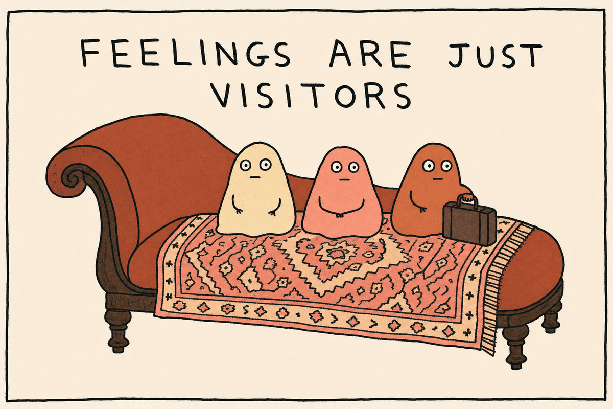 Feelings are just visitors — illustrated characters on a therapy couch